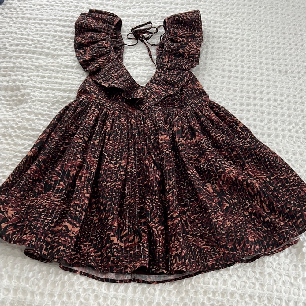 Anthro Anthropologie Brown and black cotton dress strappy with ruffles NWT size
